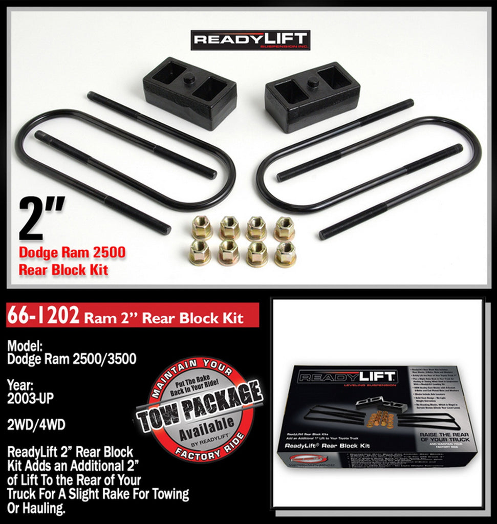 ReadyLift 66-1202 2in. Rear Block Kit for use without Top mounted Overloads for Select Dodge Ram 2500, Dodge Ram 3500, Ram 2500, Ram