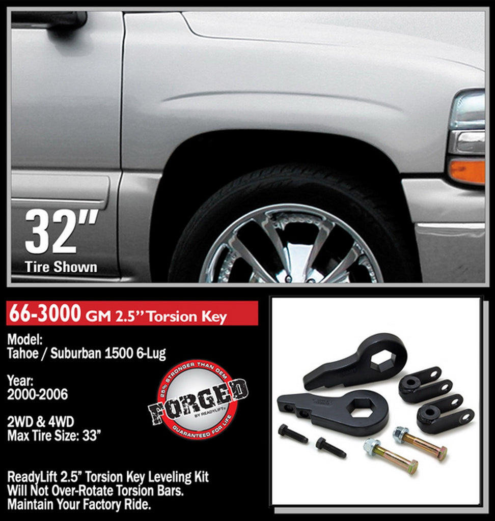 ReadyLift 66-3000 2.5in. Front Leveling Kit (Forged Torsion Key) for Select Cadillac Escalade, Cadillac Escalade ESV, Cadillac Escalade EXT, Chevrolet Avalanche 1500, Chevrolet K1500, Chevrolet Silverado 1500, Chevrolet Silverado Classic, Chevrolet