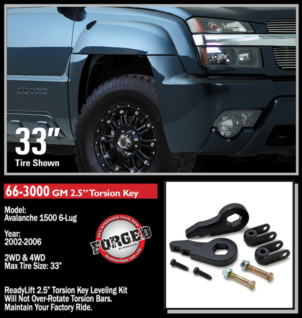 ReadyLift 66-3000 2.5in. Front Leveling Kit (Forged Torsion Key) for Select Cadillac Escalade, Cadillac Escalade ESV, Cadillac Escalade EXT, Chevrolet Avalanche 1500, Chevrolet K1500, Chevrolet Silverado 1500, Chevrolet Silverado Classic, Chevrolet