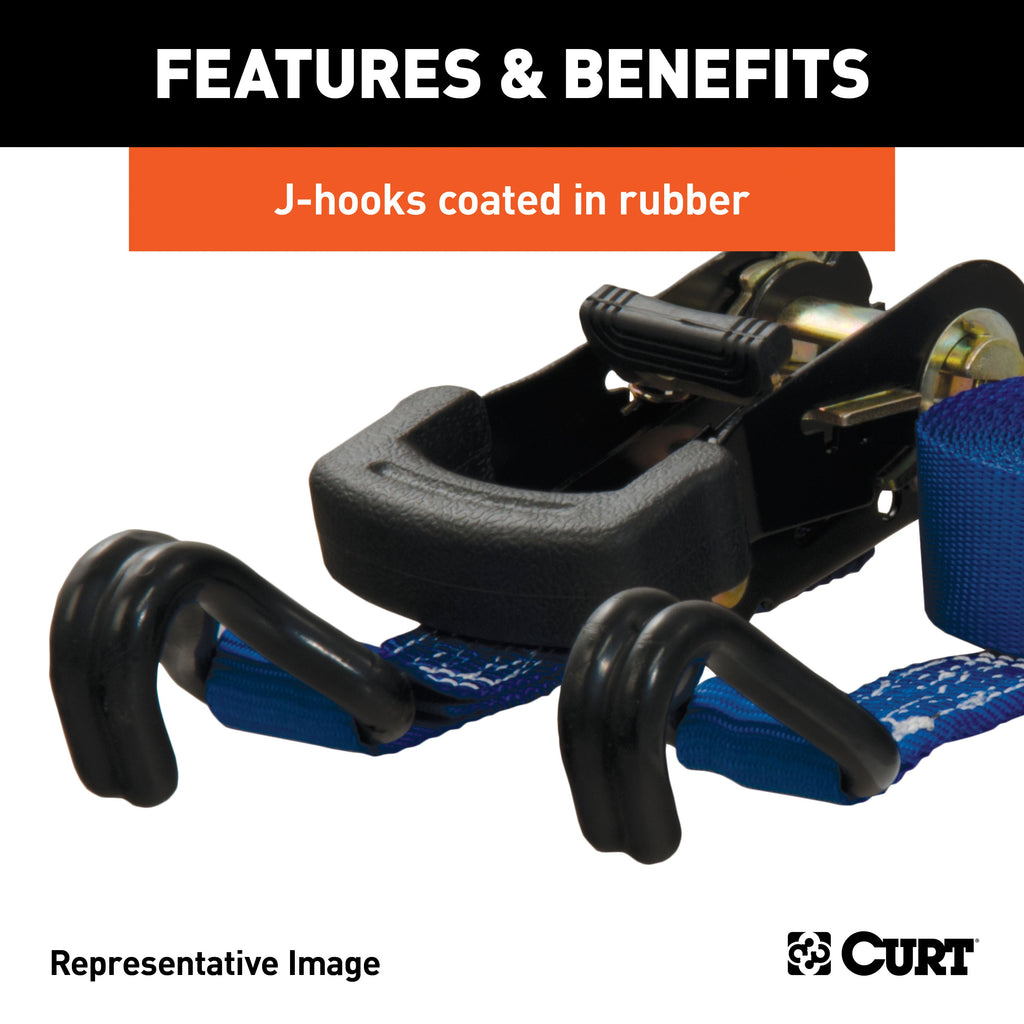 CURT 83026 16ft. Orange Cargo Straps with J-Hooks (1;100 lbs; 2-Pack) - Truck Part Superstore