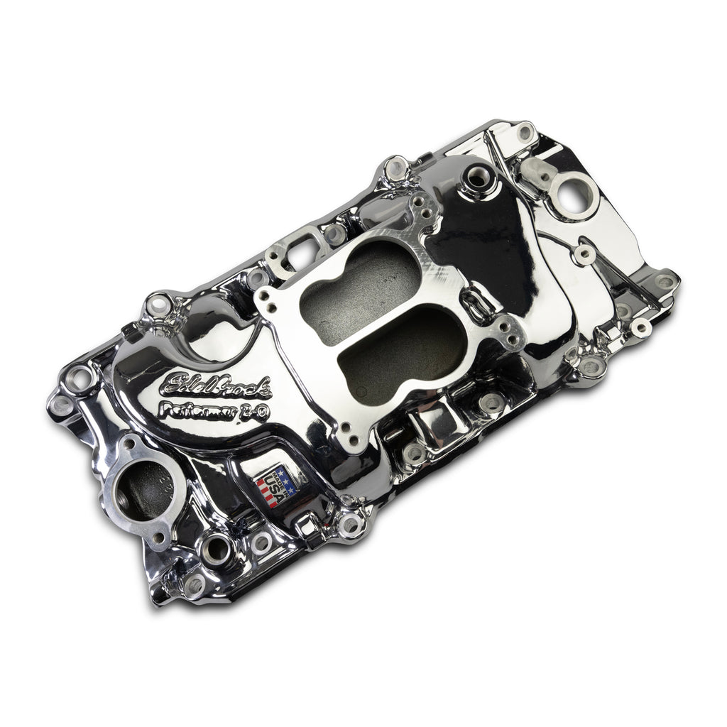 Performer-2-O-Manifold-For-1965-90-BB-Chevy-Oval-Port-Heads,-Chrome-Plasma
