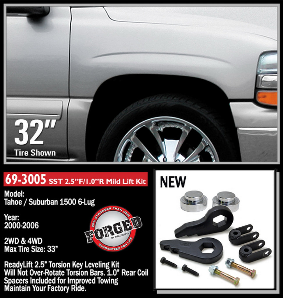 ReadyLift 69-3005 2.5in. Front with 1.0in. Rear SST Lift Kit with Front Shock Extensions for Select Cadillac Escalade, Cadillac Escalade ESV, Cadillac Escalade EXT, Chevrolet Avalanche 1500, Chevrolet Suburban 1500, Chevrolet Tahoe, GMC Yukon, GMC Yukon