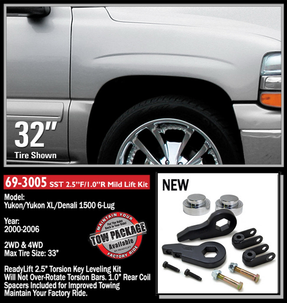 ReadyLift 69-3005 2.5in. Front with 1.0in. Rear SST Lift Kit with Front Shock Extensions for Select Cadillac Escalade, Cadillac Escalade ESV, Cadillac Escalade EXT, Chevrolet Avalanche 1500, Chevrolet Suburban 1500, Chevrolet Tahoe, GMC Yukon, GMC Yukon