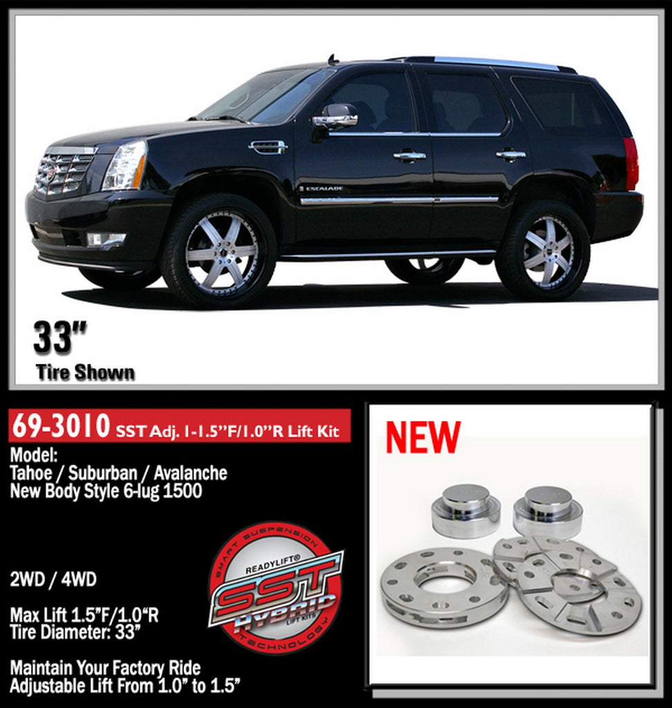 ReadyLift 69-3010 1in.-1.5in.F Adjustable with 1in.Rear SST Lift Kit for Select Cadillac Escalade, Cadillac Escalade ESV, Cadillac Escalade EXT, Chevrolet Avalanche, Chevrolet Suburban, Chevrolet Suburban 1500, Chevrolet Tahoe, GMC Yukon, GMC Yukon XL,