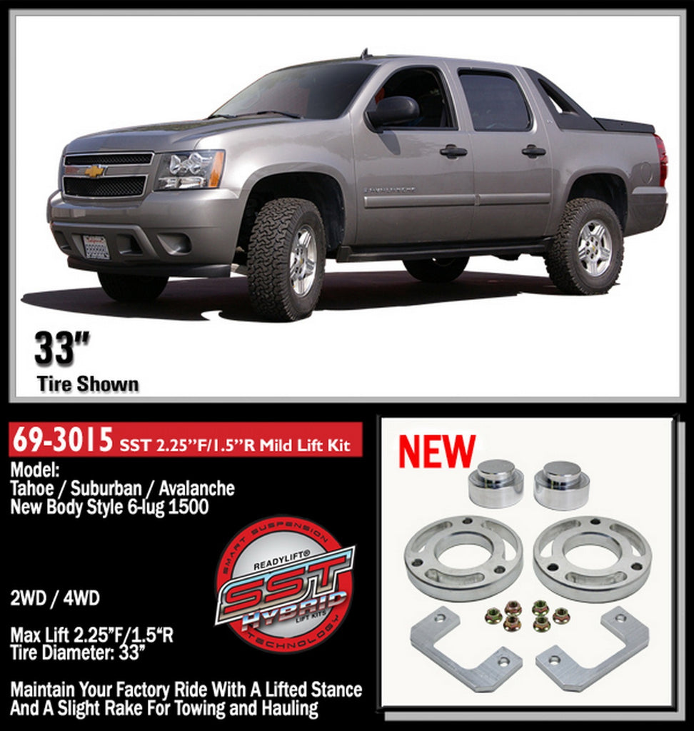 ReadyLift 69-3015 2.25in. Front with 1.5in. Rear SST Lift Kit for Select Cadillac Escalade, Cadillac Escalade ESV, Cadillac Escalade EXT, Chevrolet Avalanche, Chevrolet Suburban, Chevrolet Suburban 1500, Chevrolet Tahoe, GMC Yukon, GMC Yukon XL, GMC