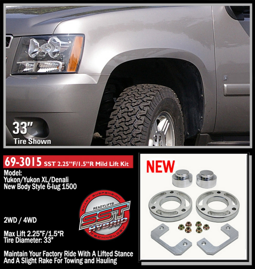 ReadyLift 69-3015 2.25in. Front with 1.5in. Rear SST Lift Kit for Select Cadillac Escalade, Cadillac Escalade ESV, Cadillac Escalade EXT, Chevrolet Avalanche, Chevrolet Suburban, Chevrolet Suburban 1500, Chevrolet Tahoe, GMC Yukon, GMC Yukon XL, GMC