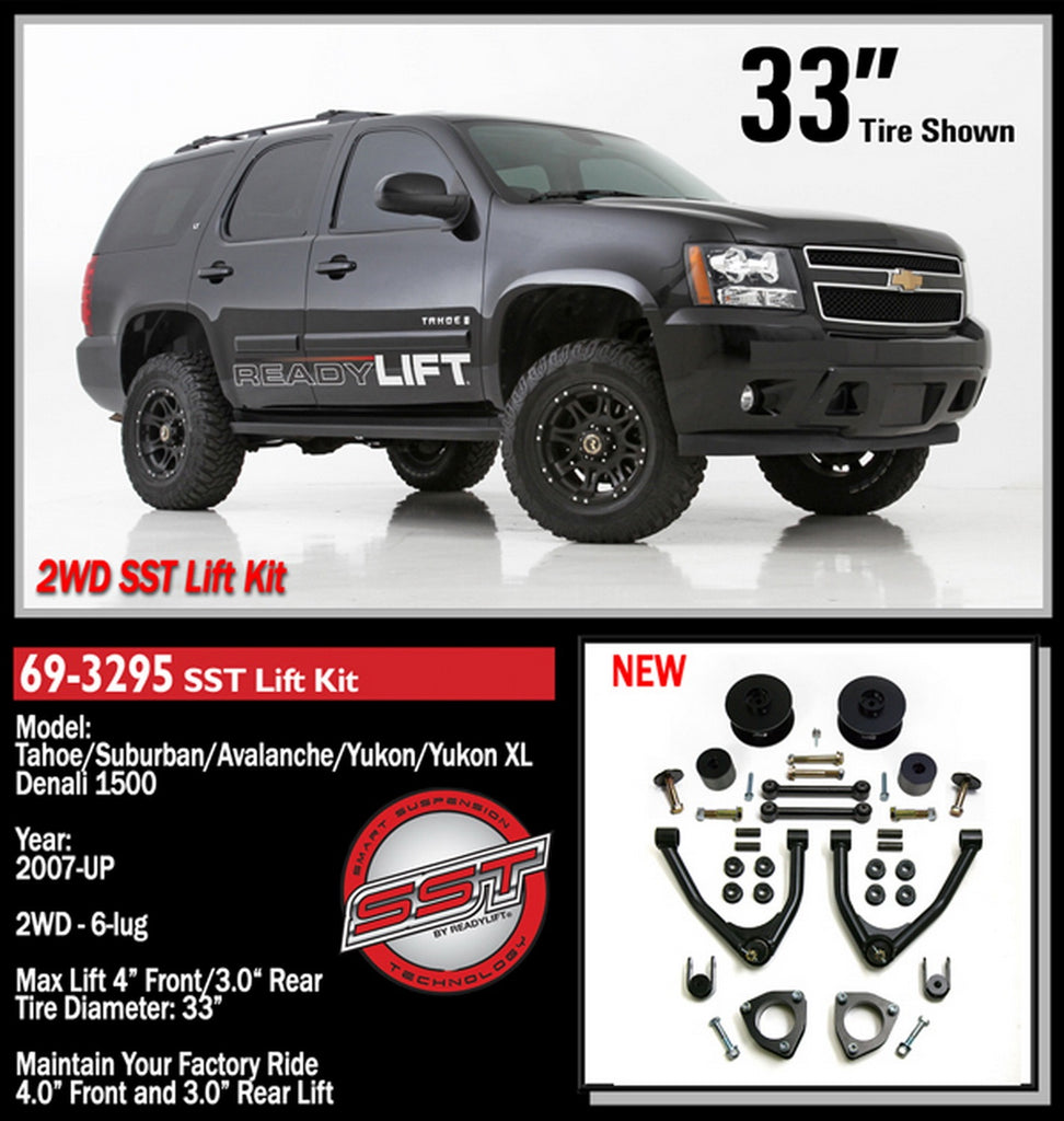 ReadyLift 69-3295 4.0in. SST Lift Kit with 3.0in. Rear with Upper Control Arms without Shocks for Select Cadillac Escalade, Cadillac Escalade ESV, Chevrolet Avalanche, Chevrolet Suburban, Chevrolet Suburban 1500, Chevrolet Tahoe, GMC Yukon, GMC Yukon XL,