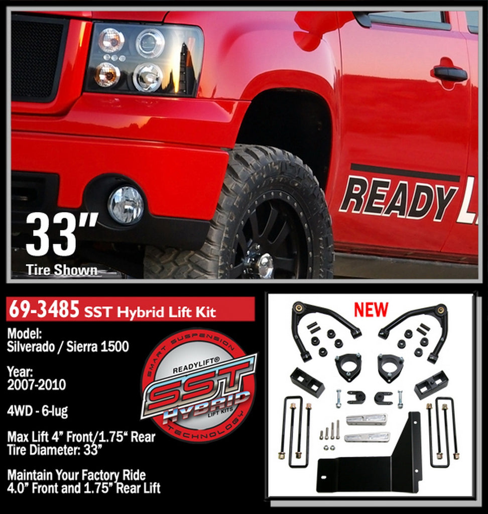 ReadyLift 69-3485 4in. SST Lift Kit Front with 3in. Rear Blocks with Upper Control Arms for Cast S for Select Chevrolet Silverado 1500, GMC Sierra