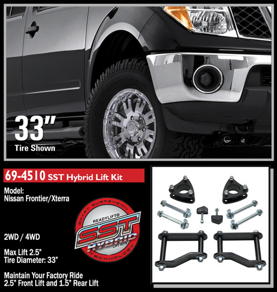 ReadyLift 69-4510 2.5in. SST Lift Kit Front with 1.5in. Rear Shackle without Shocks for Select Nissan Frontier, Nissan Xterra, Suzuki Equator