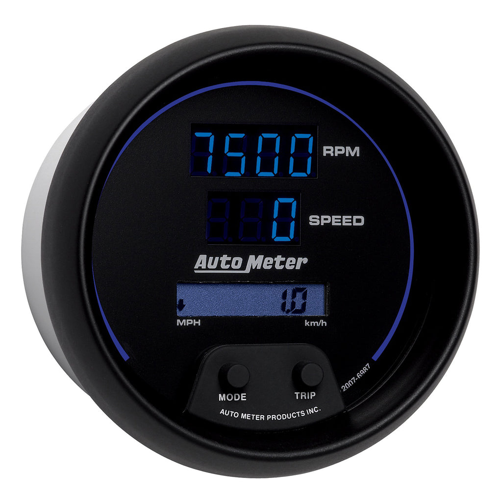 AutoMeter 6987 GAUGE, TACH/SPEEDO, 3 3/8", 260MPH/260KMH/10KRPM, PRGRAM, DIGITAL, BK W/ BLU LED