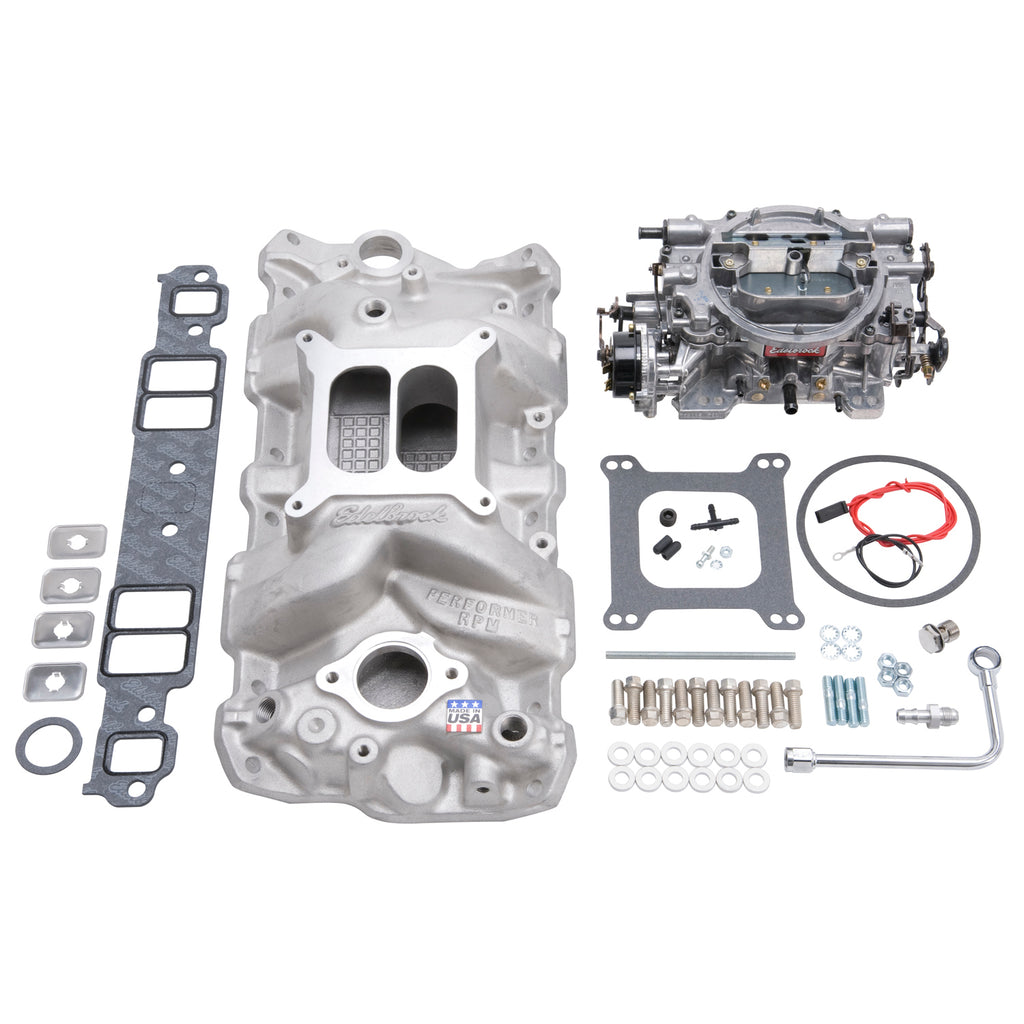 Manifold-And-Carb-Kit-Performer-Rpm-Small-Block-Chevrolet-1957-1986-Natural-Finish