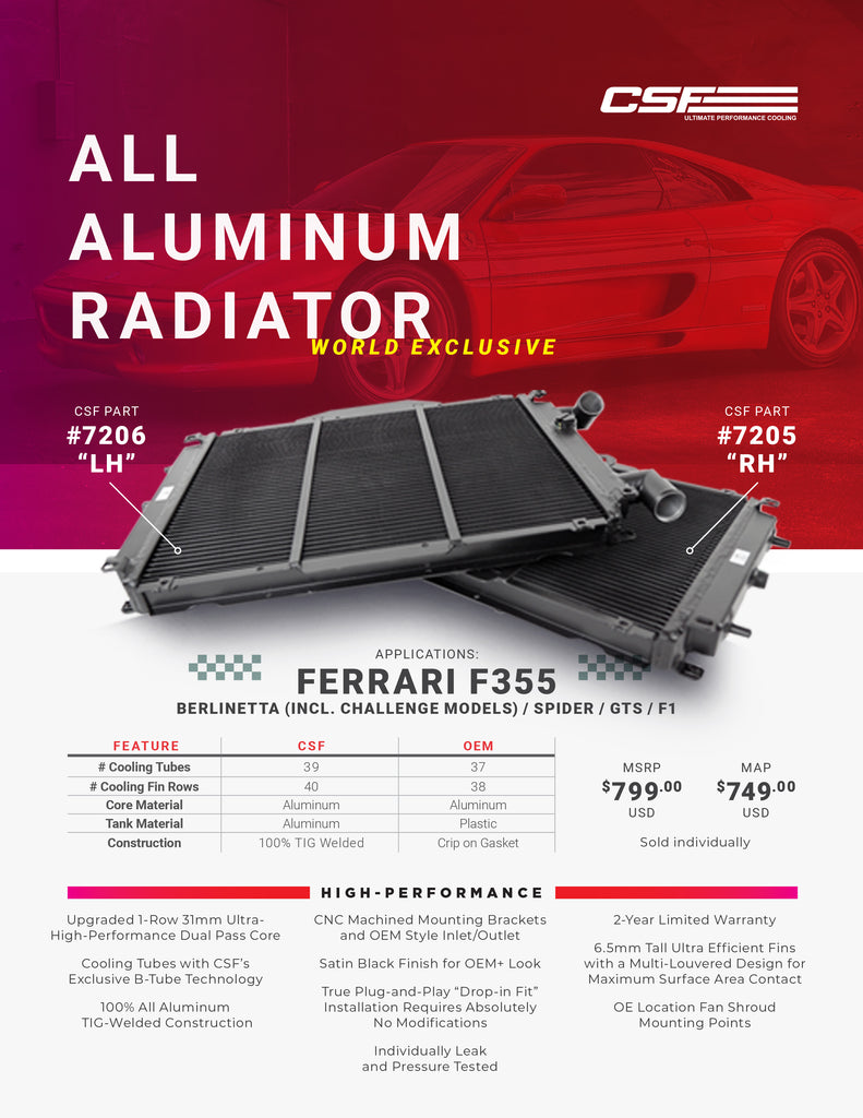 CSF Cooling - Racing & High Performance Division 7205 94-99 Ferrari F355 High-Performance All-Aluminum Radiator (RH) for Select Ferrari F355, Ferrari F355 Berlinetta, Ferrari F355 F1, Ferrari F355 GTS, Ferrari F355 Spider
