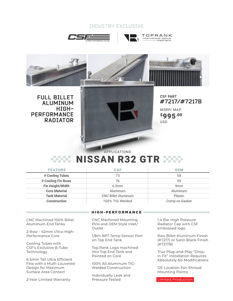 CSF Cooling - Racing & High Performance Division 7217 R32 Skyline GT-R/GTS Full Billet Aluminum High-Performance Radiator - Raw Billet