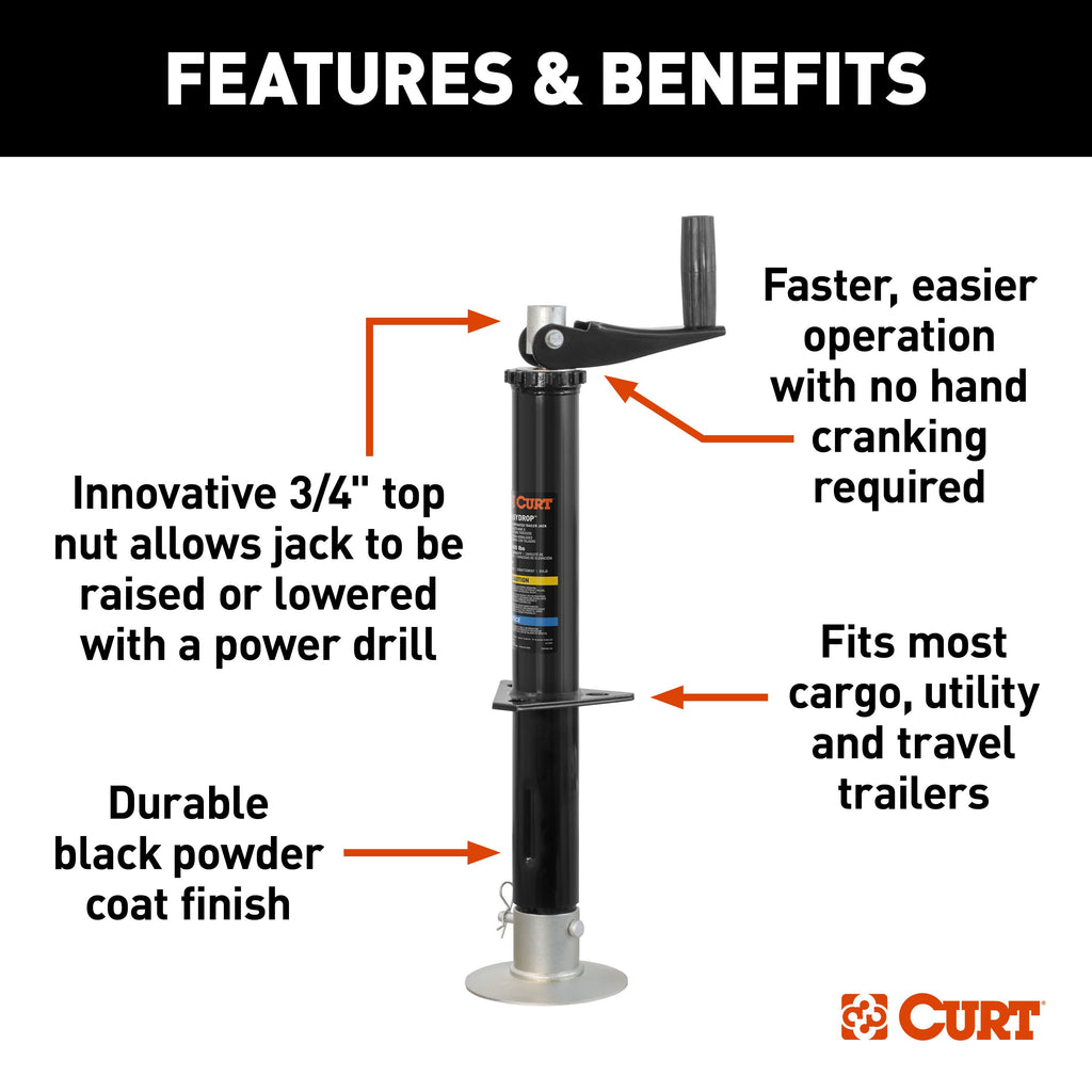 CURT 733926 Lippert Quick Drop Drill-Operated Tongue Jack, 2,000 lbs, 14" Travel