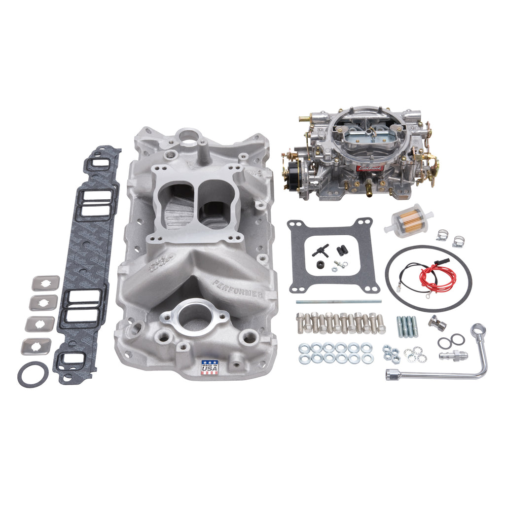 Manifold-And-Carb-Kit-Performer-Air-Gap-Small-Block-Chevrolet-1957-1986-Natural-Finish