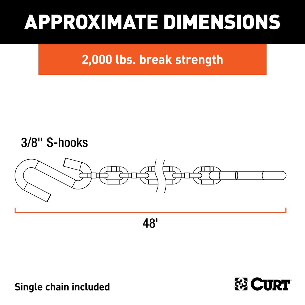 CURT 80010 48" Safety Chain with 2 S-Hooks (2,000 lbs, Clear Zinc)