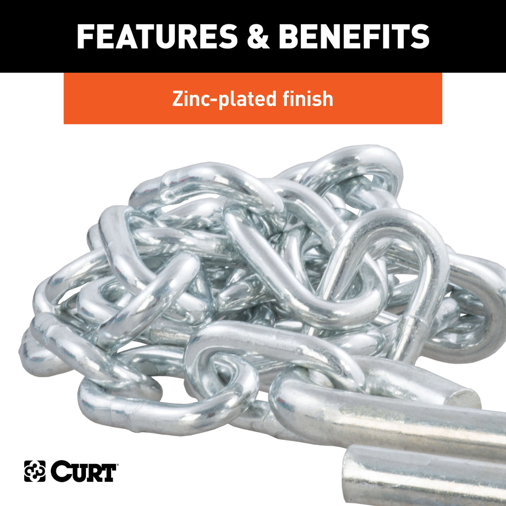CURT 80030 48" Safety Chain with 2 S-Hooks (5,000 lbs, Clear Zinc)