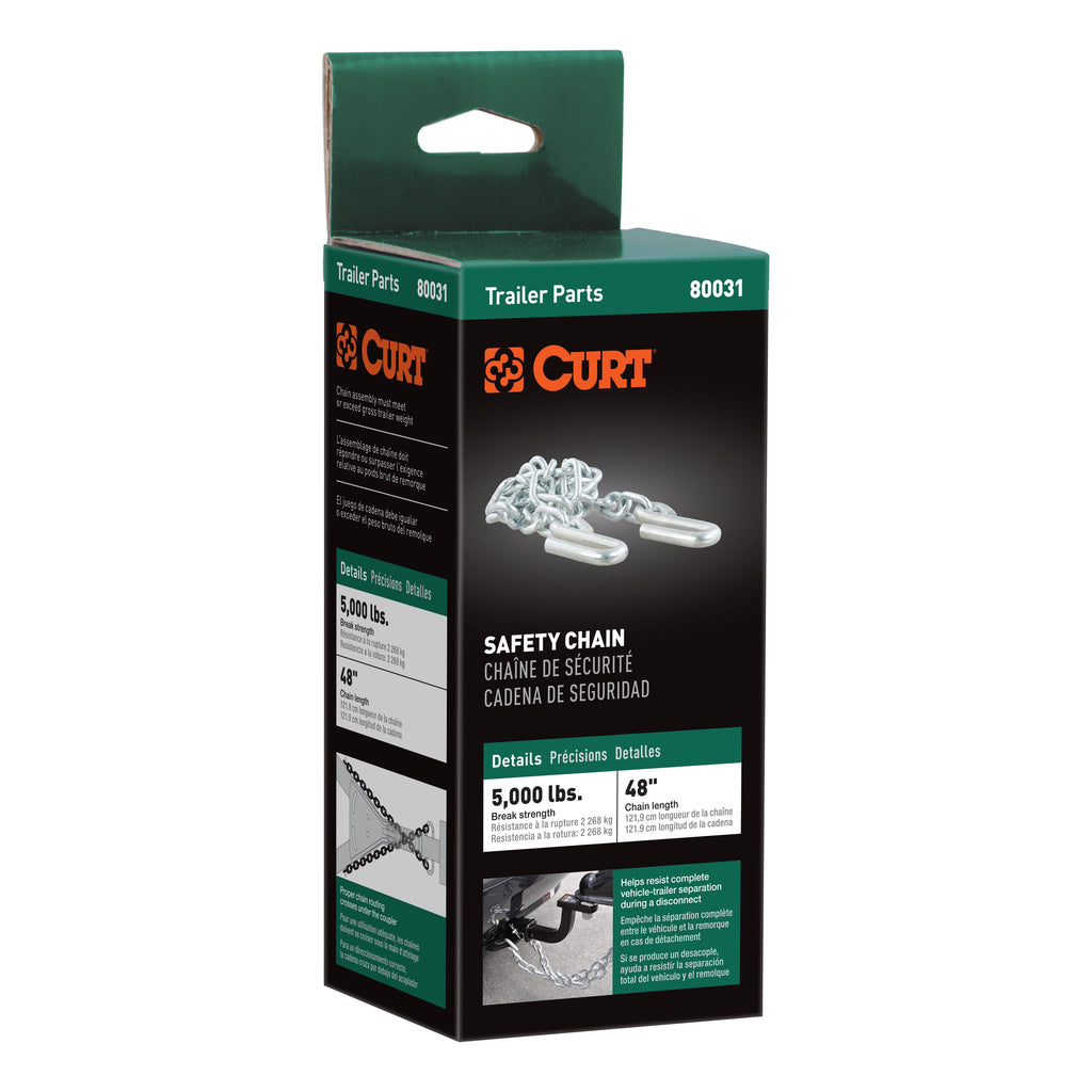 CURT 80031 48" Safety Chain with 2 S-Hooks (5,000 lbs, Clear Zinc, Packaged)