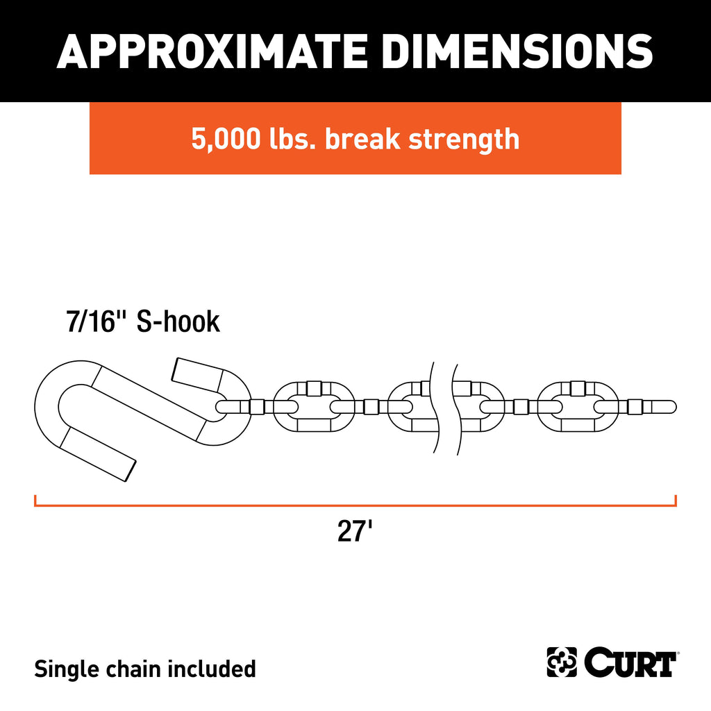 CURT 80040 27" Safety Chain with 1 S-Hook (5,000 lbs, Clear Zinc)