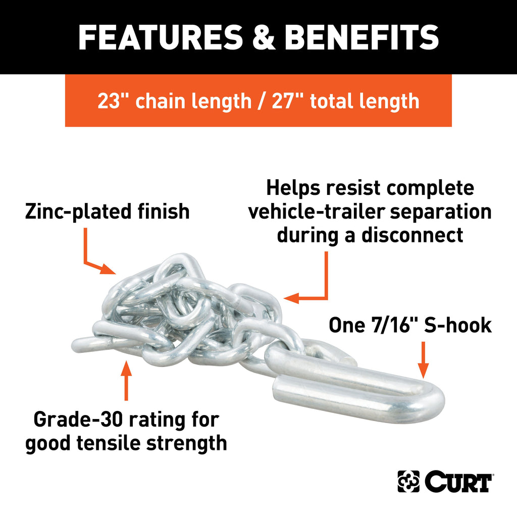 CURT 80040 27" Safety Chain with 1 S-Hook (5,000 lbs, Clear Zinc)