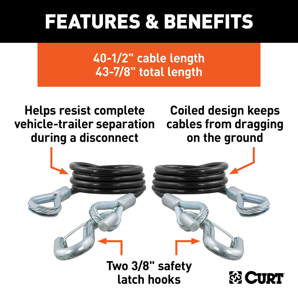 CURT 80136 43-7/8" Safety Cables with 2 Snap Hooks (3,500 lbs, Vinyl-Coated, 2-Pack)