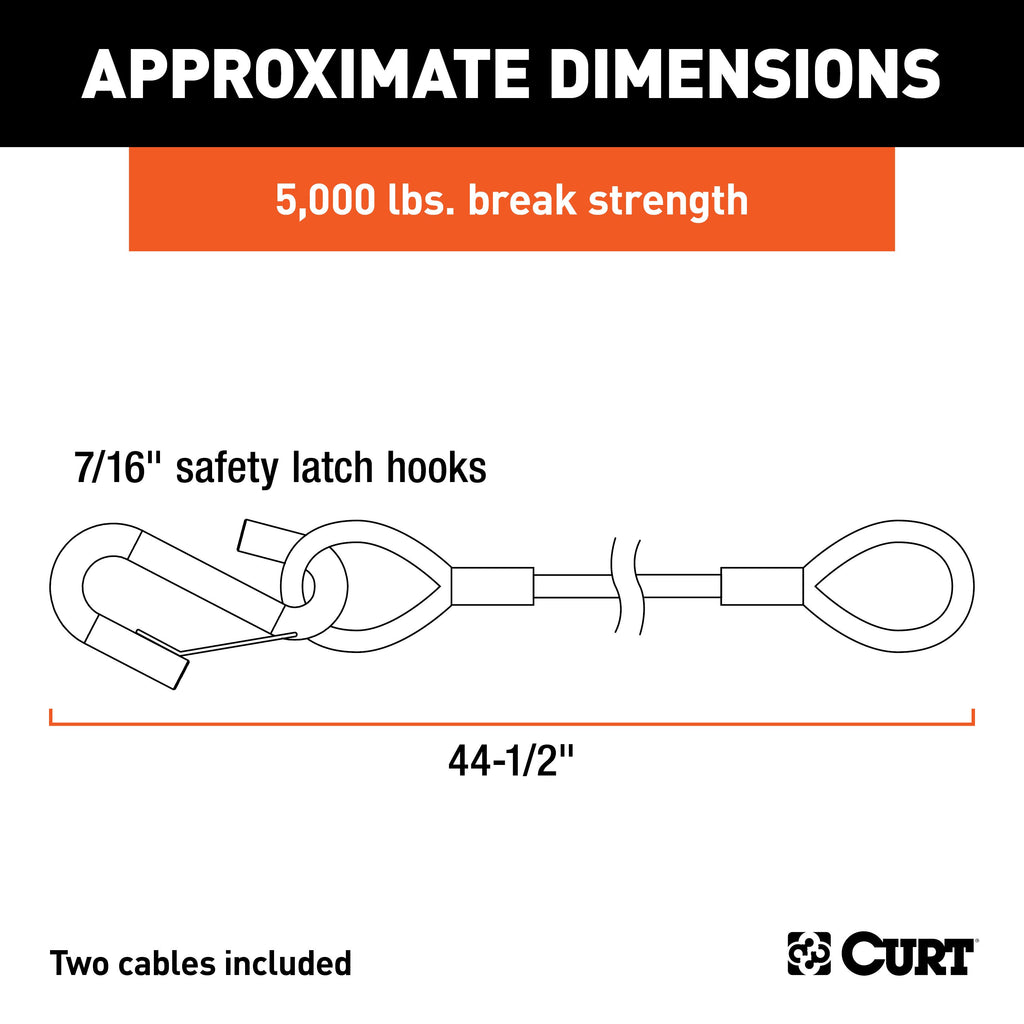 CURT 80151 44-1/2" Safety Cables with 2 Snap Hooks (5,000 lbs, Vinyl-Coated, 2-Pack)
