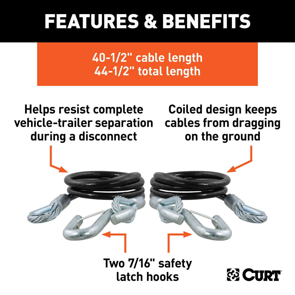 CURT 80151 44-1/2" Safety Cables with 2 Snap Hooks (5,000 lbs, Vinyl-Coated, 2-Pack)