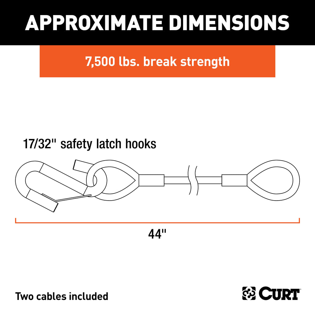CURT 80176 44" Safety Cables with 2 Snap Hooks (7,500 lbs, Vinyl-Coated, 2-Pack)