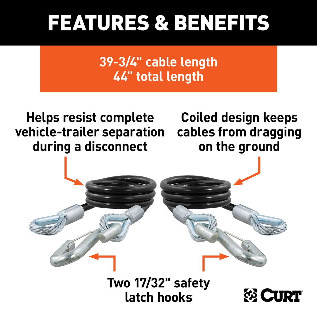 CURT 80176 44" Safety Cables with 2 Snap Hooks (7,500 lbs, Vinyl-Coated, 2-Pack)