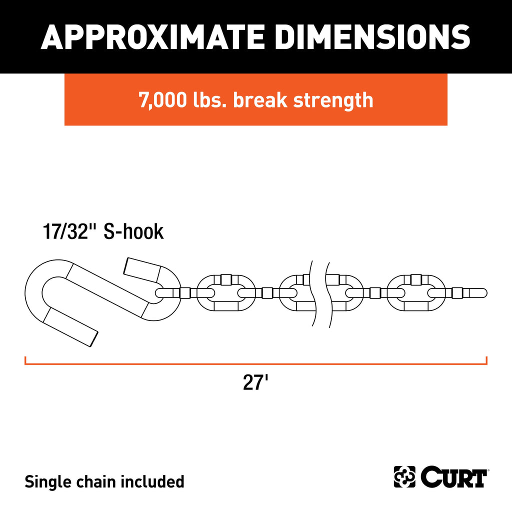 CURT 80300 27" Safety Chain with 1 S-Hook (7,000 lbs, Clear Zinc)