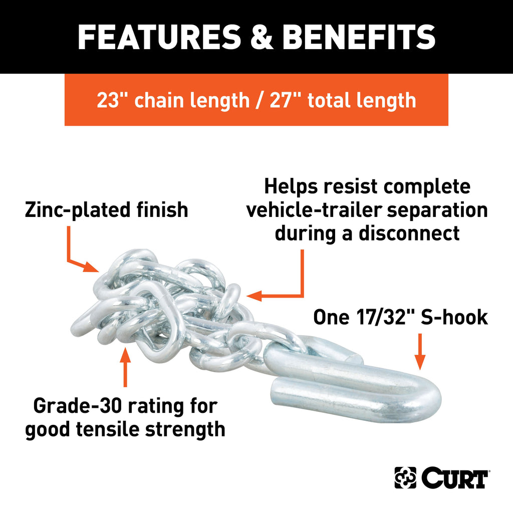 CURT 80300 27" Safety Chain with 1 S-Hook (7,000 lbs, Clear Zinc)