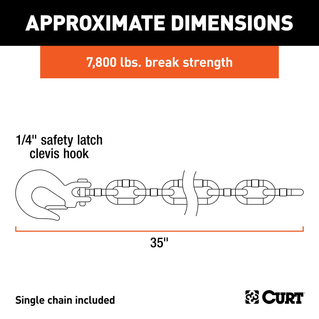 CURT 80302 35" Safety Chain with 1 Clevis Hook (7,800 lbs, Clear Zinc)