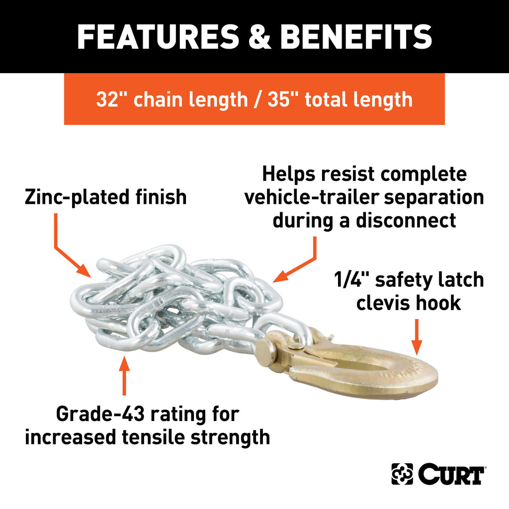 CURT 80302 35" Safety Chain with 1 Clevis Hook (7,800 lbs, Clear Zinc)