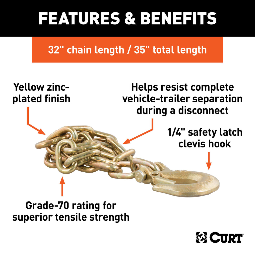 CURT 80303 35" Safety Chain with 1 Clevis Hook (12,600 lbs, Yellow Zinc)