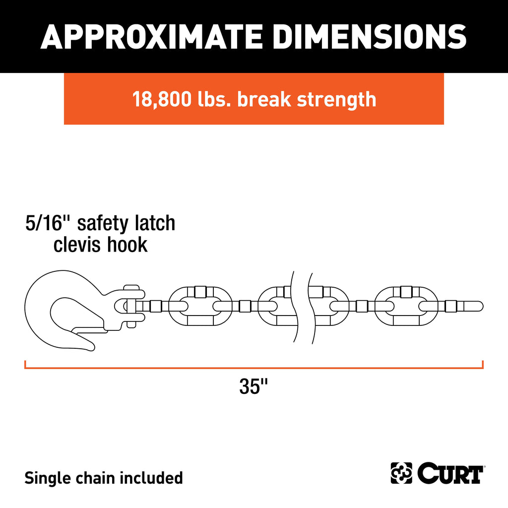 CURT 80304 35" Safety Chain with 1 Clevis Hook (18,800 lbs, Yellow Zinc)