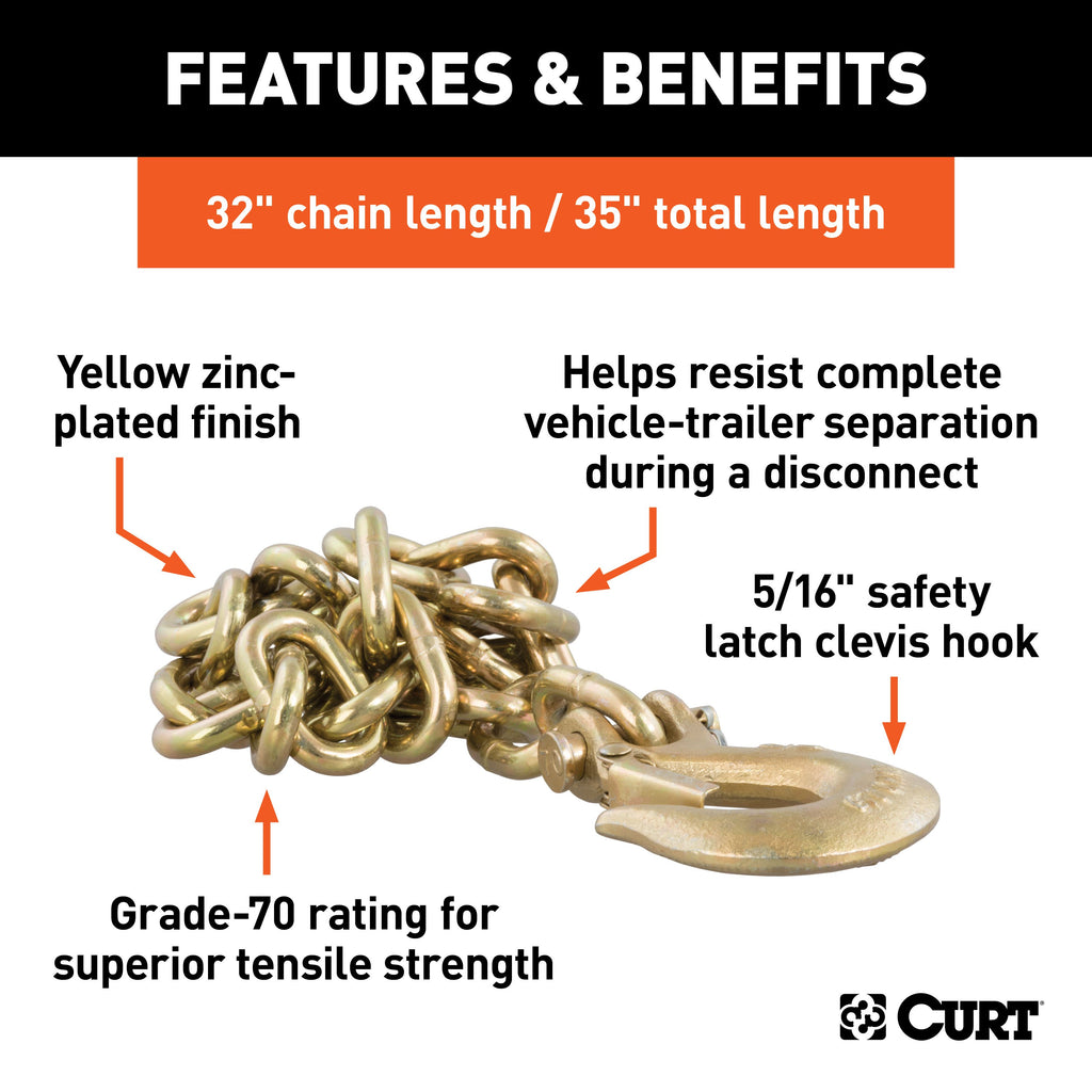 CURT 80304 35" Safety Chain with 1 Clevis Hook (18,800 lbs, Yellow Zinc)