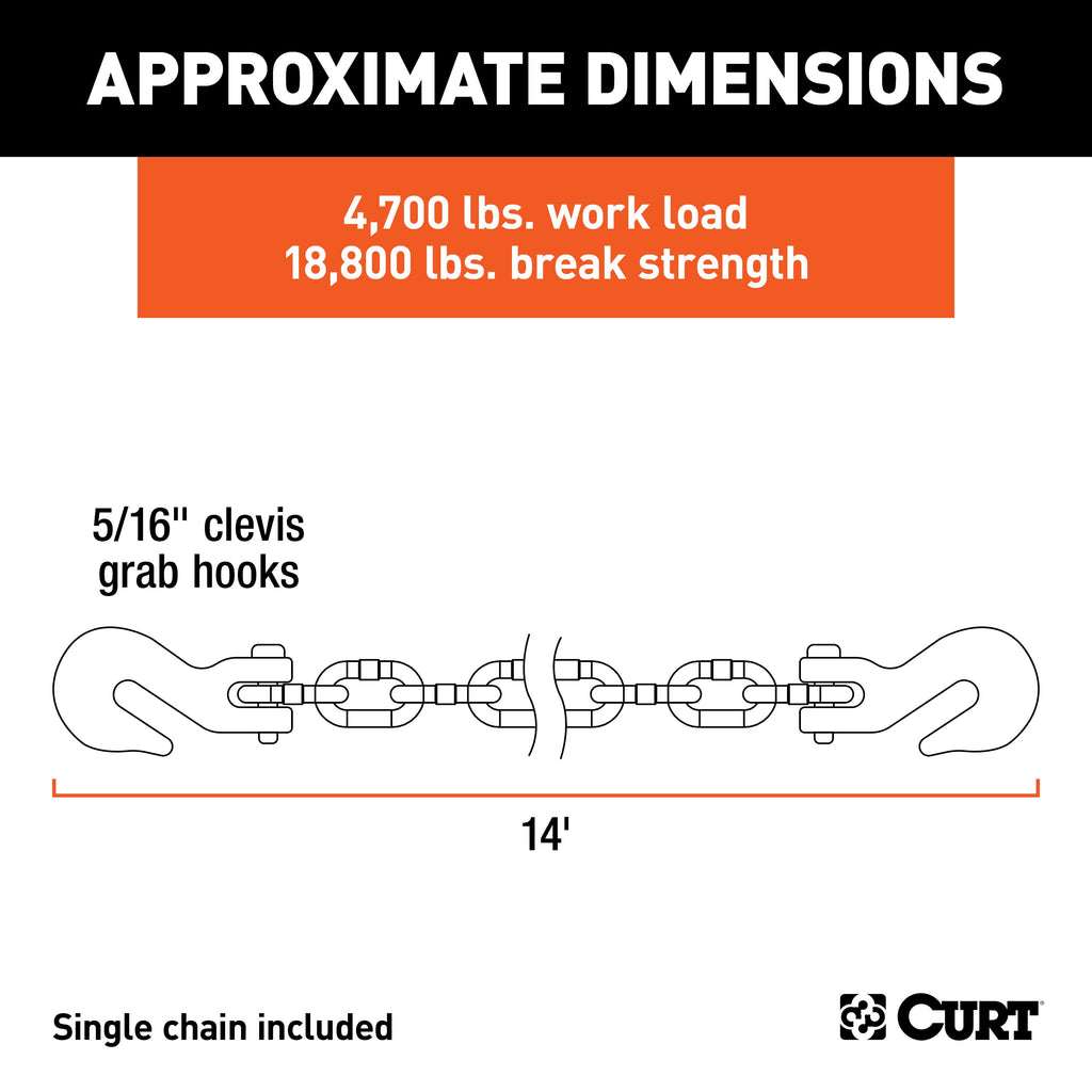 CURT 80305 14' Transport Binder Safety Chain with 2 Clevis Hooks (18,800 lbs, Yellow Zinc)