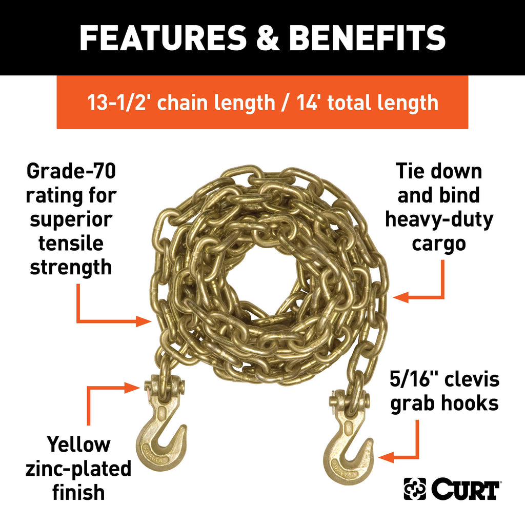 CURT 80305 14' Transport Binder Safety Chain with 2 Clevis Hooks (18,800 lbs, Yellow Zinc)