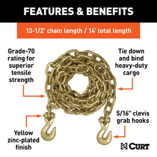 Load image into Gallery viewer, CURT 80305 14' Transport Binder Safety Chain with 2 Clevis Hooks (18,800 lbs, Yellow Zinc)