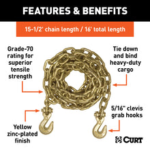 Load image into Gallery viewer, CURT 80306 16' Transport Binder Safety Chain with 2 Clevis Hooks (18,800 lbs, Yellow Zinc)
