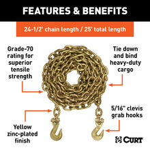 Load image into Gallery viewer, CURT 80308 25' Transport Binder Safety Chain with 2 Clevis Hooks (18,800 lbs, Yellow Zinc)