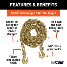 Load image into Gallery viewer, CURT 80309 14' Transport Binder Safety Chain with 2 Clevis Hooks (26,400 lbs, Yellow Zinc)