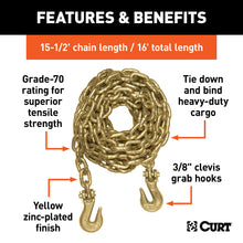 Load image into Gallery viewer, CURT 80310 16' Transport Binder Safety Chain with 2 Clevis Hooks (26,400 lbs, Yellow Zinc)