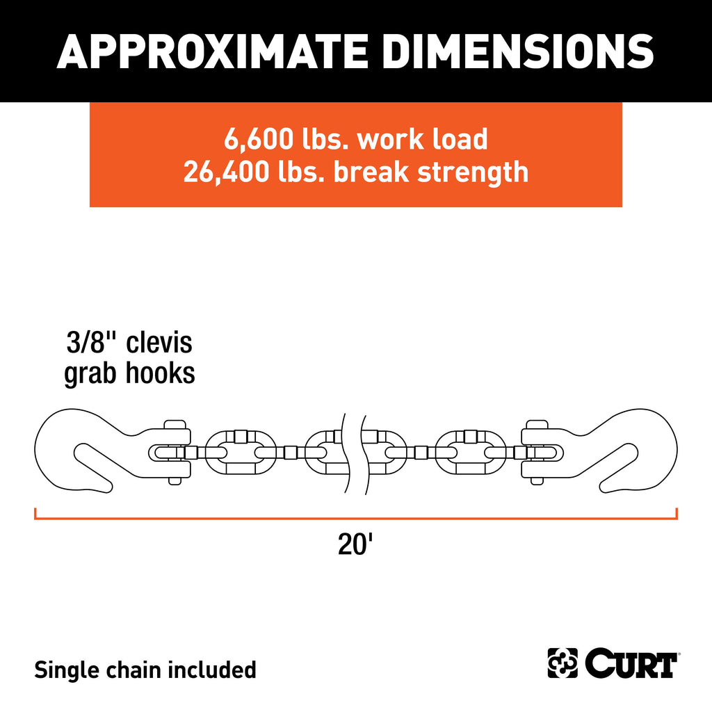 CURT 80311 20' Transport Binder Safety Chain with 2 Clevis Hooks (26,400 lbs, Yellow Zinc)