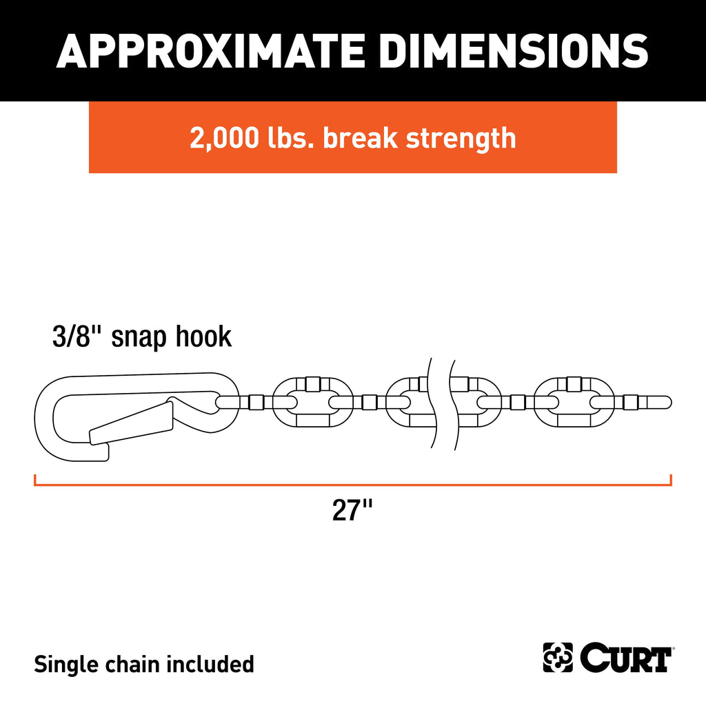 CURT 80312 27" Safety Chain with 1 Snap Hook (2,000 lbs, Clear Zinc)