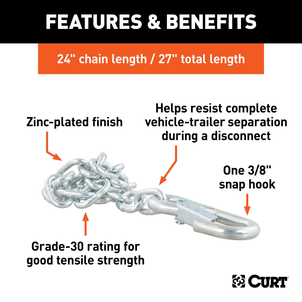 CURT 80312 27" Safety Chain with 1 Snap Hook (2,000 lbs, Clear Zinc)