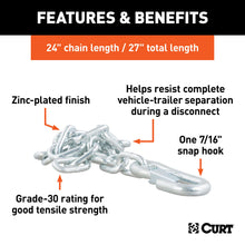 Load image into Gallery viewer, CURT 80313 27" Safety Chain with 1 Snap Hook (5,000 lbs, Clear Zinc)
