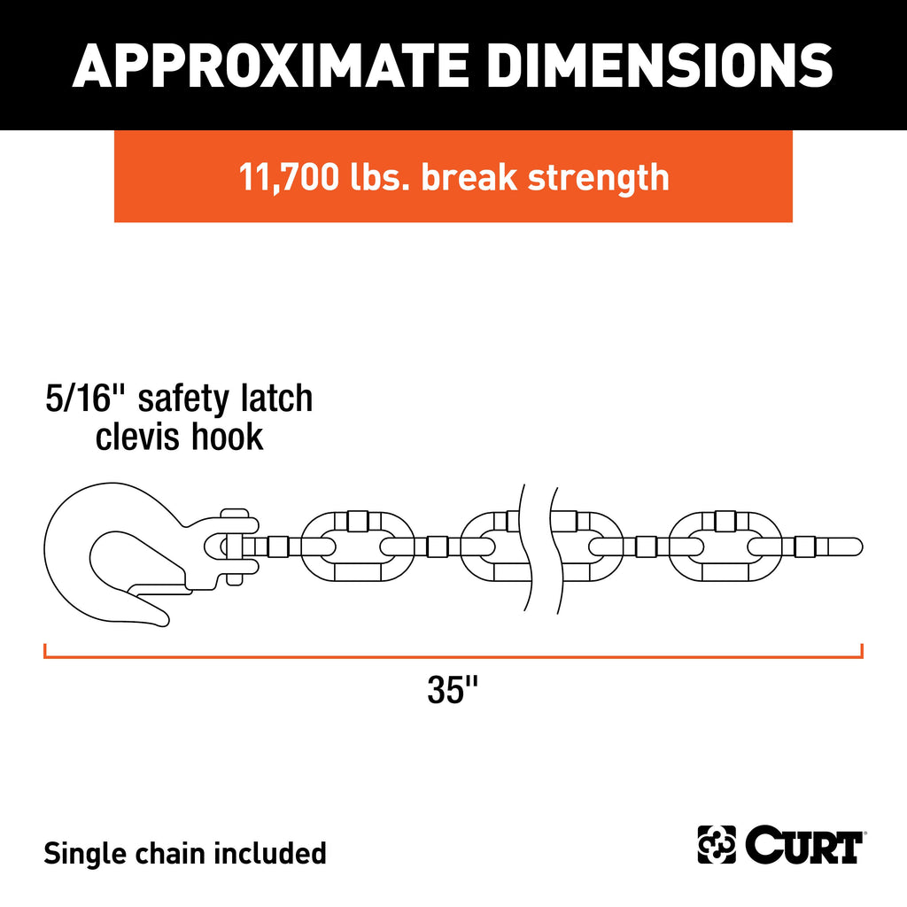CURT 80314 35" Safety Chain with 1 Clevis Hook (11,700 lbs, Clear Zinc)