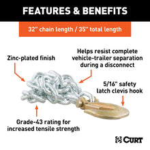 Load image into Gallery viewer, CURT 80314 35" Safety Chain with 1 Clevis Hook (11,700 lbs, Clear Zinc)