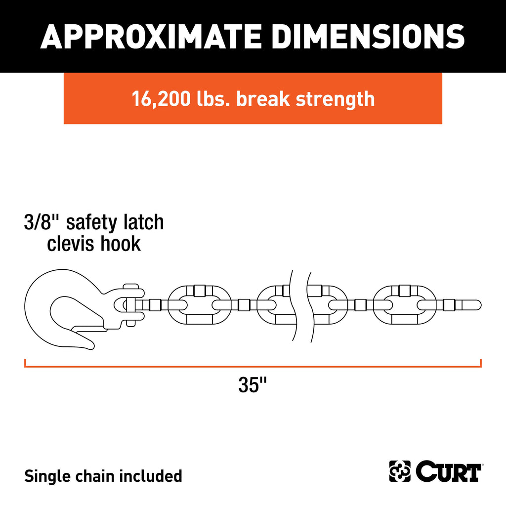 CURT 80315 35" Safety Chain with 1 Clevis Hook (16,200 lbs, Yellow Zinc)